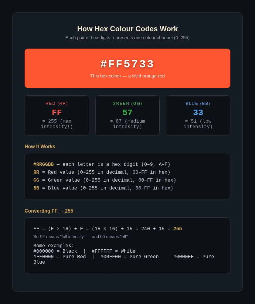 Hex colour codes explained — RGB to hex conversion with example #FF5733