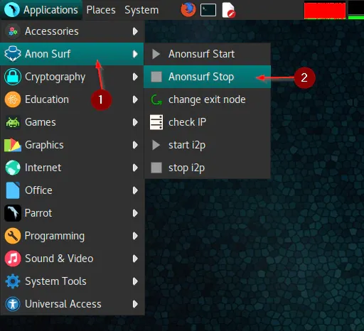 Parrot OS menu showing AnonSurf Stop