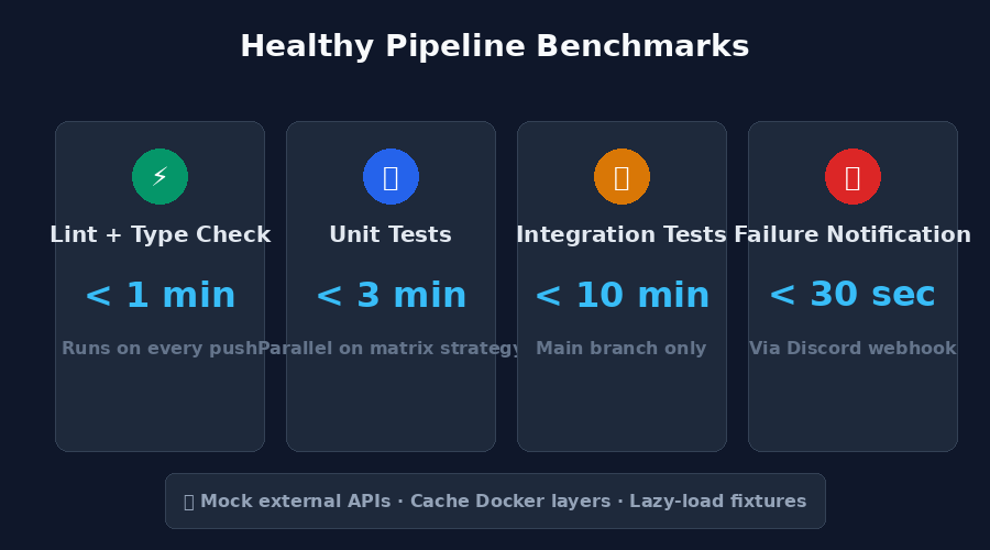 Pipeline benchmark targets showing lint under 1 min, tests under 3 min, integration under 10 min