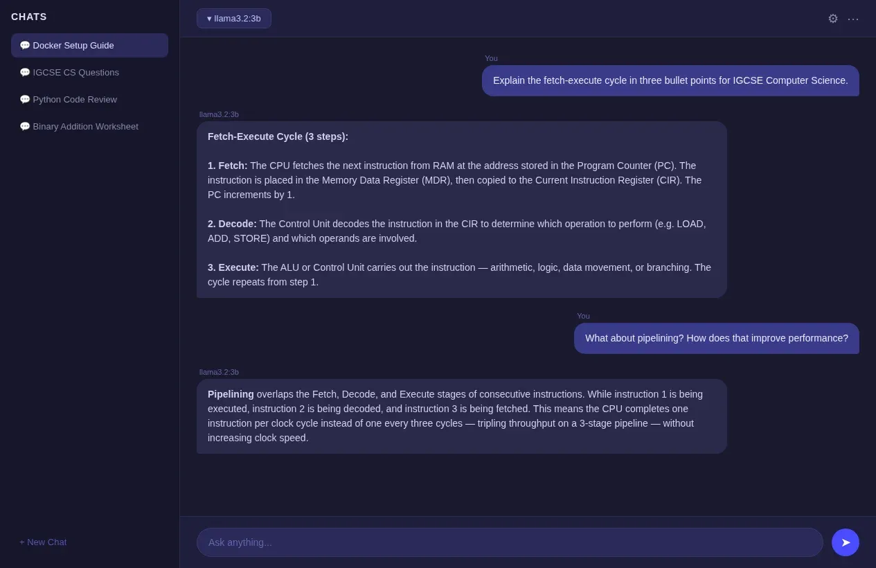 Open WebUI chat interface showing a conversation with a locally running model, model dropdown at top left, dark theme