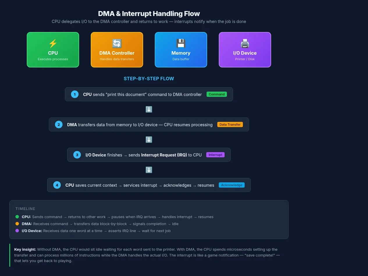 DMA and interrupt handling flow: CPU sends print command to DMA controller and returns to processing, DMA transfers data from memory to printer, printer sends interrupt signal back to CPU on completion