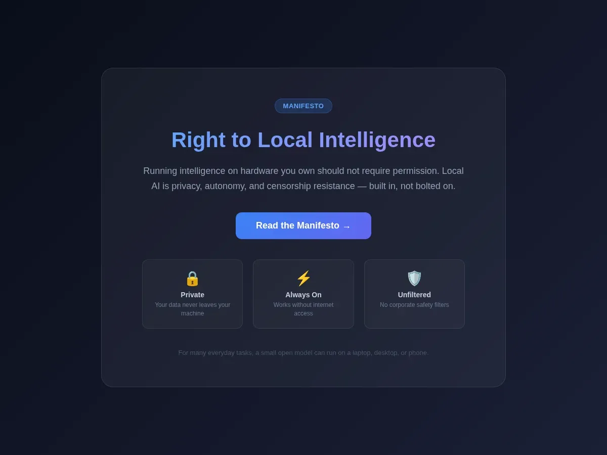 The Right to Local Intelligence manifesto homepage — a clean single-page call to action for running AI on personal hardware