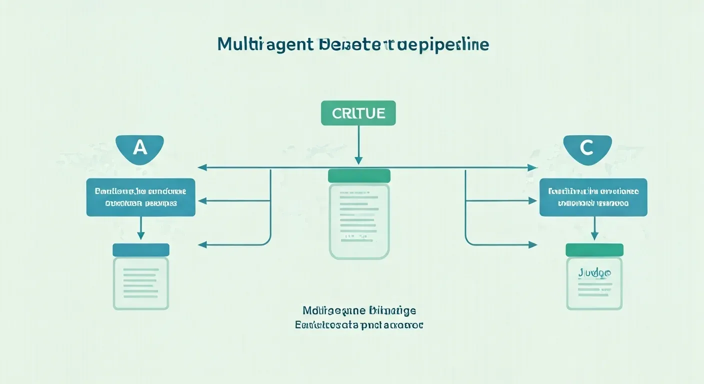 Multi-agent debate pipeline diagram showing several agents answering the same prompt, critiquing each other, revising, and feeding a final judge