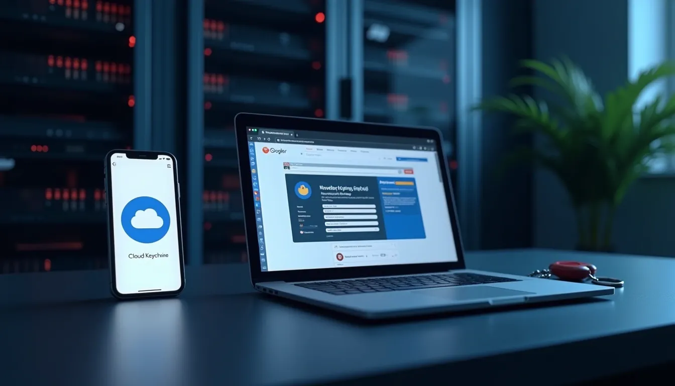 Passkey storage choices showing a phone, a password manager vault, and a hardware security key beside a homelab dashboard