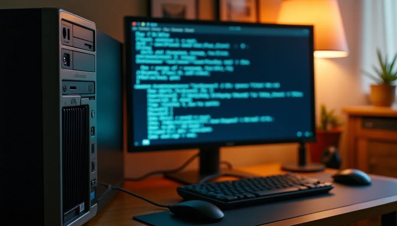 Used office desktop on a small desk with Linux terminal open, representing a $20 budget server for CS students