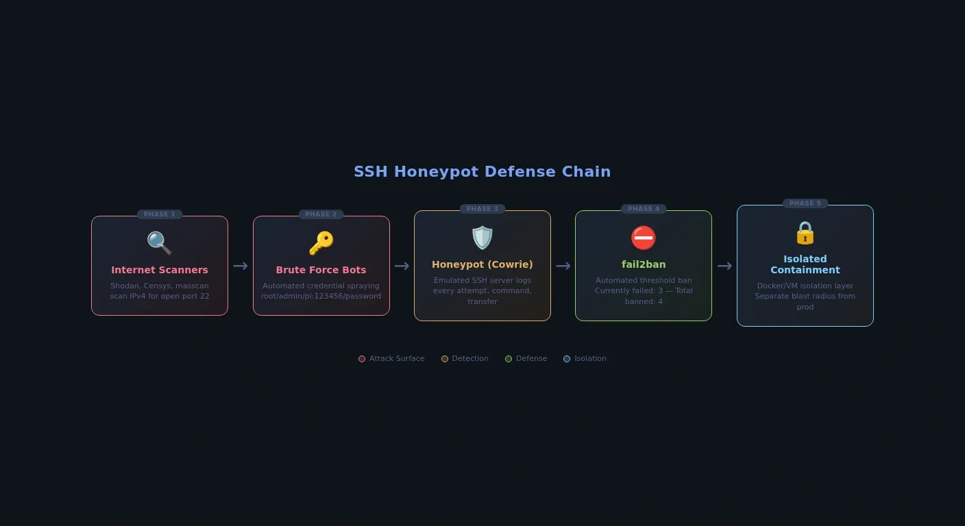 Student-friendly diagram showing scanners, SSH login attempts, fail2ban bans, and isolated honeypot containment