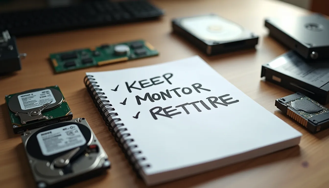 Portrait photo of mixed HDDs and SSDs beside a notebook showing keep, monitor, retire decisions