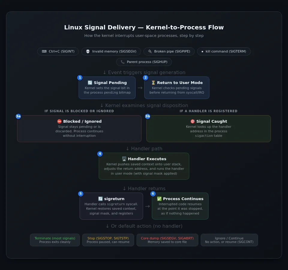 Kernel-to-process signal flow diagram showing event generation, pending signal check, handler execution, and sigreturn restoring process state — the software mirror of interrupt handling