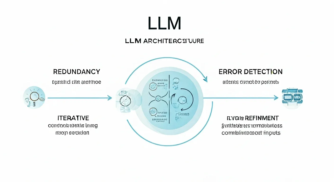 LLM architecture feedback loop illustration showing redundancy, critique, iterative refinement, and aggregation in a multi-agent system