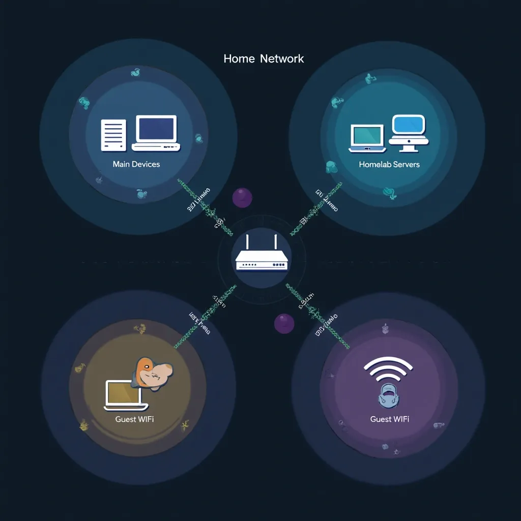 Network segmentation diagram showing separate VLANs for main devices, homelab servers, IoT devices, and guest Wi-Fi in a homelab