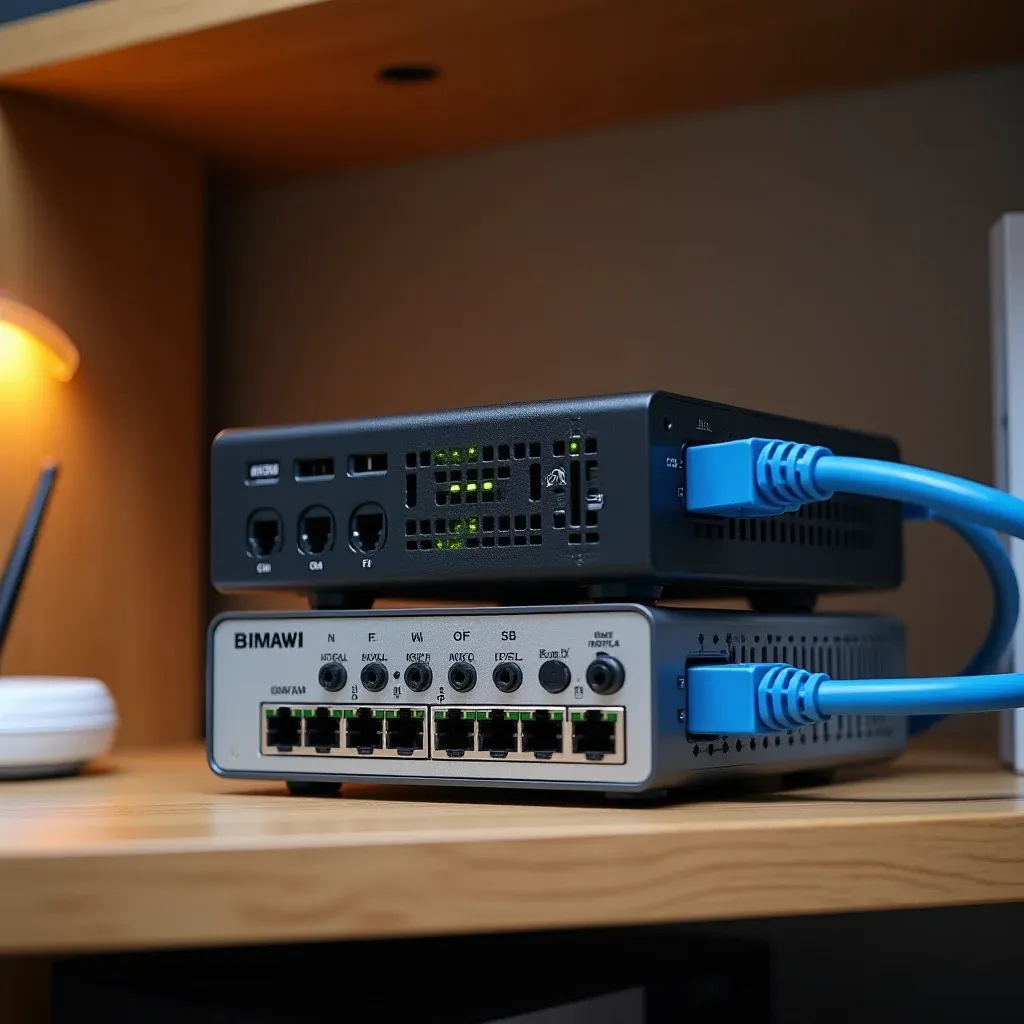 Physical homelab setup: two mini PCs, managed switch, and ISP router on a shelf