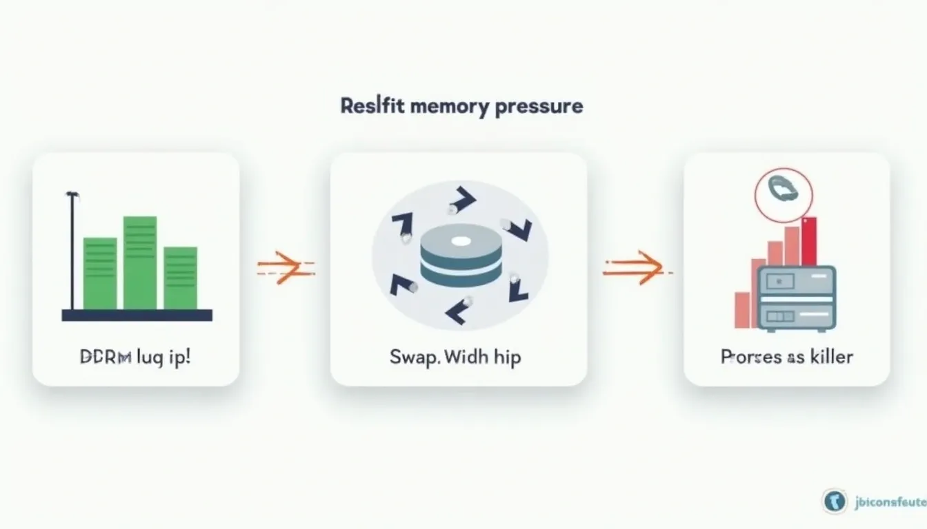 Diagram showing RAM pressure, swap, and disk wait on a budget server used for teaching CS students