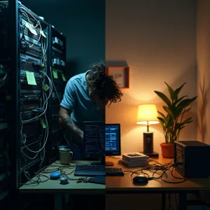 Homelab burnout illustration showing a cluttered self-hosting dashboard, Docker services, and a tired admin managing sustainable self-hosting